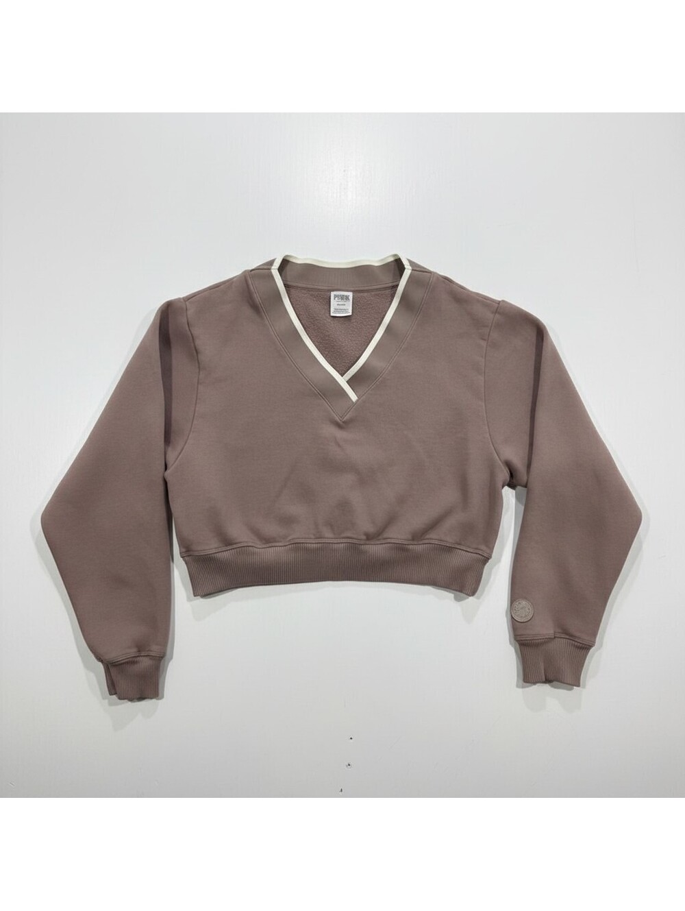 PINK Victorias Secret Womens M Brown Cropped V Neck Sweatshirt Pullover